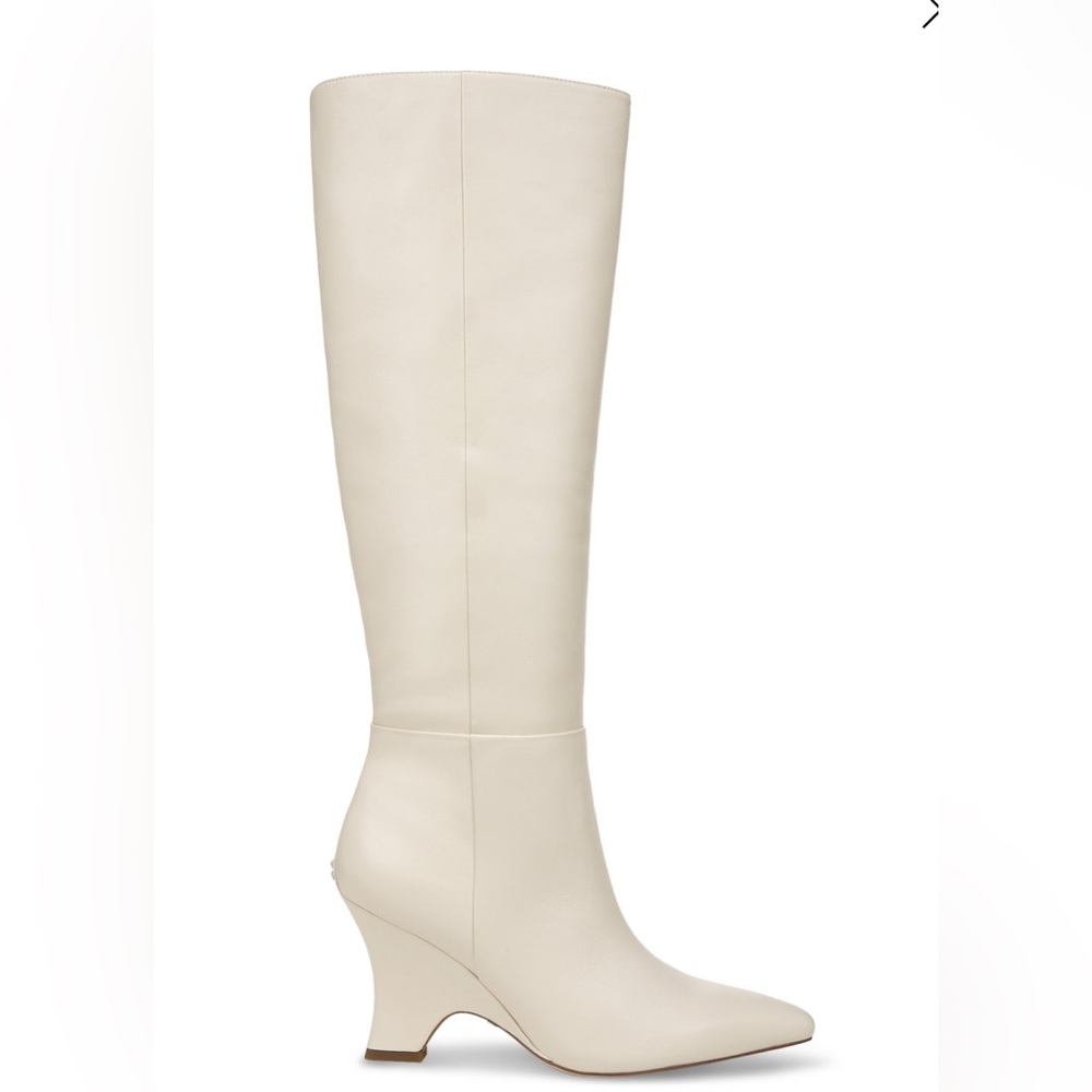 NEW SAM EDELMAN Modern Ivory Knee-High LEATHER Heel Boots PULL ON